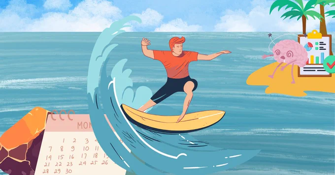 中央で男性がサーフィンしているイラスト。
波の下には岩やカレンダーが描かれている。

遠くには島が見え、ふらふらしている脳のキャラクターや、成果を表すグラフなどのイラストが上に描かれている。