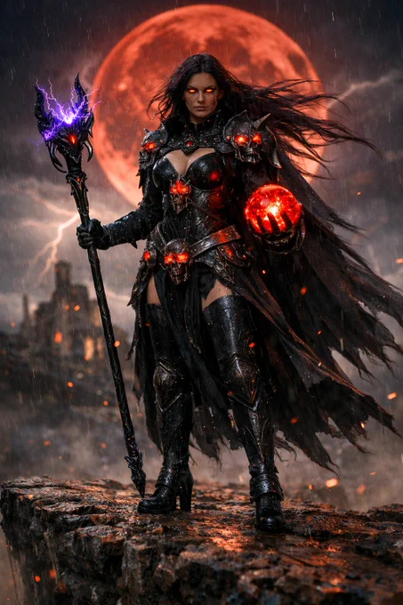 Full body photorealistic picture of a dark arcane war‑sorceress standing on a jagged cliff beneath a storm‑torn sky, captured with a 50mm lens at f/1.8. Ultra‑realistic skin pores, wet metal reflections, fabric texture, and environmental detail. Cinematic natural lighting, dramatic contrast, photorealistic rendering, looks like a real photograph, not a drawing.
Crisp focus on her glowing, predatory eyes; shallow depth of field blurring the lightning‑lit ruins behind her.
She wears black, battle‑scarred armor adorned with glowing red demonic skulls and intricate infernal engravings.
Long, wind‑whipped purple hair streams behind her.
In one hand she channels crackling violet lightning through a cyber‑arcane staff; in the other she holds a pulsing red energy orb.
A massive blood‑red moon looms overhead, casting eerie rim‑light along her silhouette.
Rain, mist, and drifting embers add atmospheric realism.