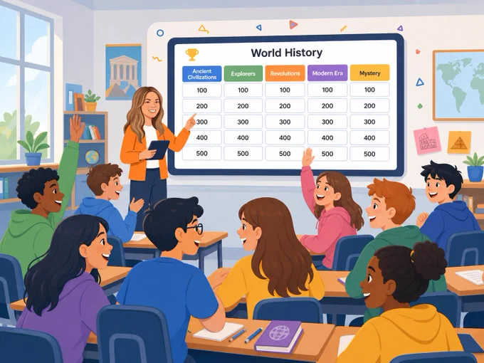 A teacher presents a jeopardy-style quiz game on a screen, while engaged students participate in a classroom setting.