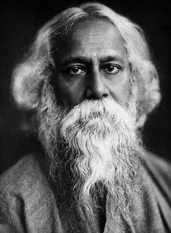 A black and white photograph of Tagore.