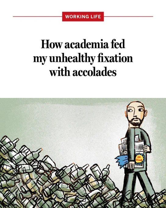 An illustration of a man looking back at a pile of bottles, with the headline: How academia fed my unhealthy fixation with accolades
