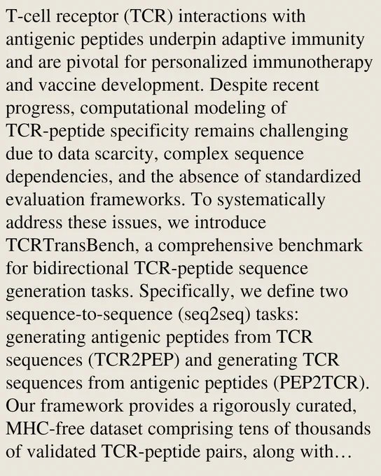T-cell receptor (TCR) interactions with antigenic peptides underpin adaptive immunity and are pivotal for personalized immunotherapy and vaccine development. Despite recent progress, computational modeling of TCR-peptide specificity remains challenging due to data scarcity, complex sequence dependencies, and the absence of standardized evaluation frameworks. To systematically address these issues, we introduce TCRTransBench, a comprehensive benchmark for bidirectional TCR-peptide sequence generation tasks. Specifically, we define two sequence-to-sequence (seq2seq) tasks: generating antigenic peptides from TCR sequences (TCR2PEP) and generating TCR sequences from antigenic peptides (PEP2TCR). Our framework provides a rigorously curated, MHC-free dataset comprising tens of thousands of validated TCR-peptide pairs, along with diverse evaluation metrics that integrate computational efficiency, sequence accuracy, and biological plausibility. Extensive benchmarking across representative neur