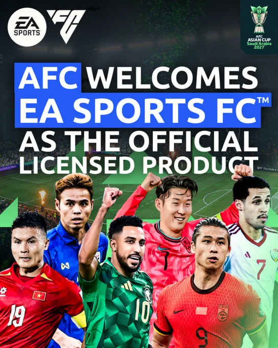 Promotional image announcing AFC's partnership with EA Sports FC as the official licensed product for AFC Asian Cup 2027 in Saudi Arabia. Features enthusiastic soccer players from various teams.