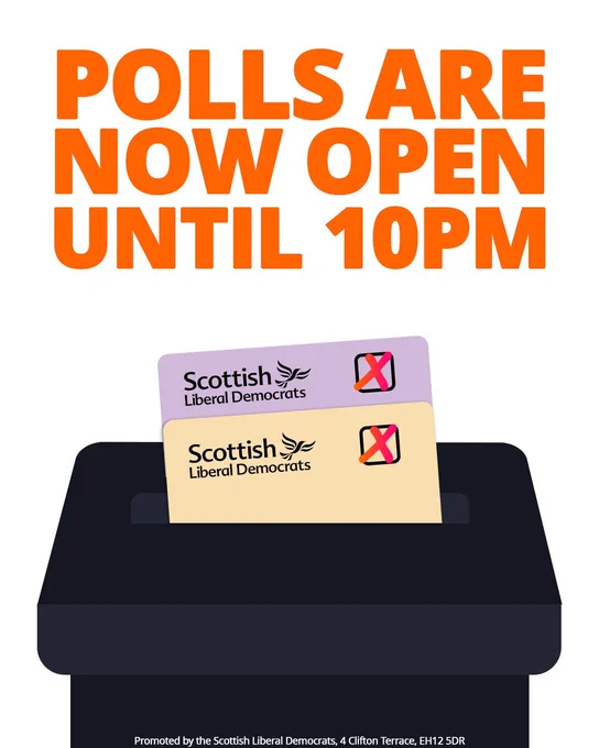 Polls are now open until 10pm.

Ballot box showing a vote for the Lib Dems on the lilac constituency ballot and peach regional ballot.