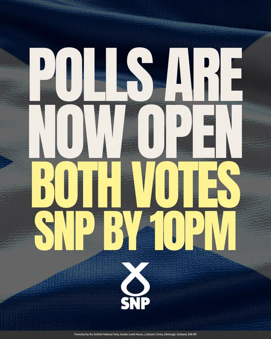 Polls are now open for voting in the SNP election until 10 PM tonight with the Scottish flag background.