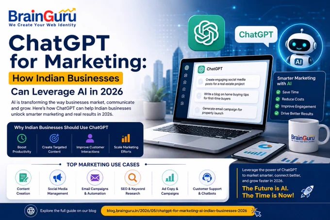 Want to 𝗴𝗿𝗼𝘄 𝘆𝗼𝘂𝗿 𝗯𝘂𝘀𝗶𝗻𝗲𝘀𝘀 𝗳𝗮𝘀𝘁𝗲𝗿 𝗶𝗻 𝟮𝟬𝟮𝟲? AI is no longer optional - it’s your competitive advantage.

In our latest blog, discover how to leverage ChatGPT for:
✅ Content creation & copywriting
✅ SEO & keyword research
✅ Social media management
✅ Email marketing automation
✅ Customer support & chatbots

AI tools like ChatGPT can generate human-like content, analyze data, and support decision-making.

Read the complete guide:
🔗 https://blog.brainguru.in/2026/05/chatgpt-for-marketing-indian-businesses/

#ChatGPT #AIForBusiness #DigitalMarketing #AIInMarketing #IndianStartups #BusinessGrowth #MarketingAutomation #ContentMarketing #SEO #SocialMediaMarketing #FutureOfMarketing #AIIndia #Entrepreneurship #TechTrends #BrainGuru
