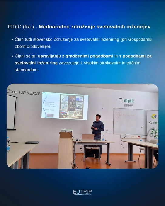 Mag. Primož Praper iz EUTRIP predava o temi FIDIC (gradbene pogodbe) v MPIK Slovenj Gradcu, organizator Race Kogo