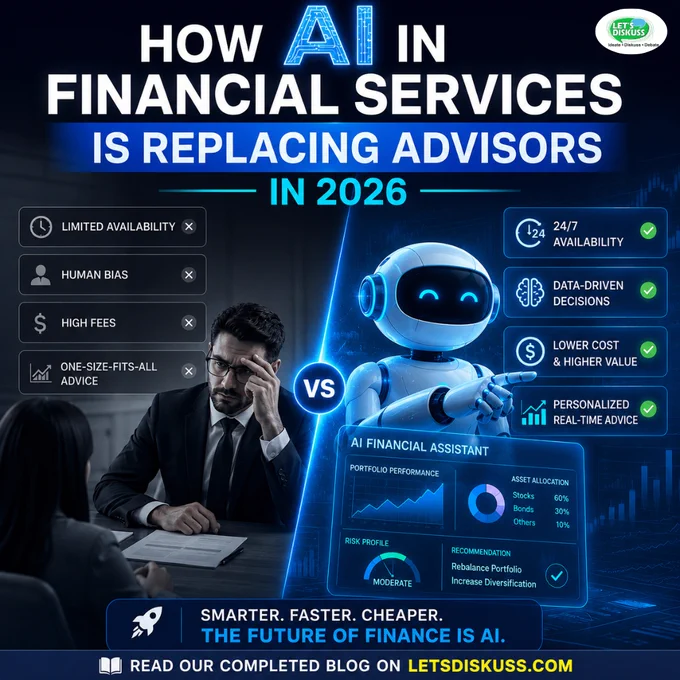 Futuristic square infographic showing AI replacing traditional financial advisors in 2026, featuring a stressed human advisor versus a smart AI financial assistant with benefits like 24/7 availability, data-driven decisions, lower costs, and personalized real-time advice.