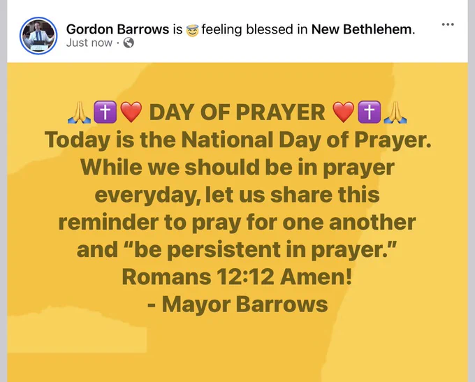 🙏✝️❤️ DAY OF PRAYER ❤️✝️🙏 Today is the National Day of Prayer. While we should be in prayer everyday, let us share this reminder to pray for one another and “be persistent in prayer.” Romans 12:12 Amen! -Mayor Barrows

#NationalDayOfPrayer #Prayer #NewBethlehem #RedbankValley