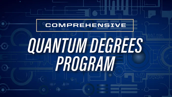 Promotional graphic on a dark blue circuit-pattern background with the Purdue University logo and text reading "Comprehensive Quantum Degrees Program."