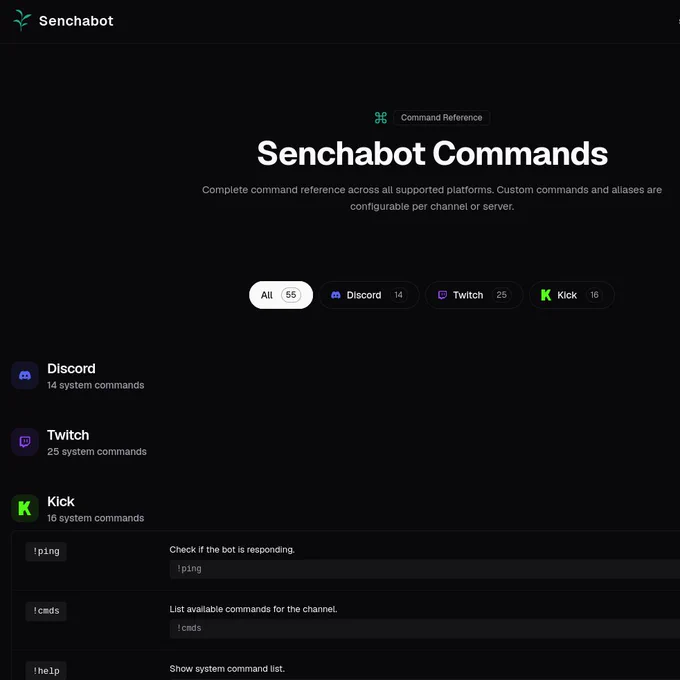 Dark mode screenshot of the Senchabot Commands reference page, showing tabs for Discord, Twitch, and Kick system commands.