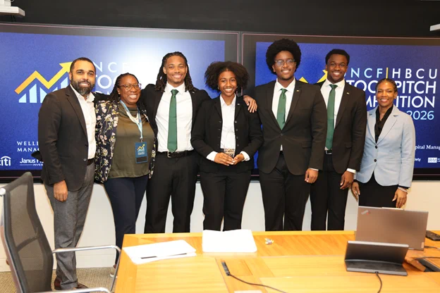 From left to right: Ed Smith-Lewis (Senior Vice President, Strategic Partnerships and Institute of Capacity Building, UNCF), Kenyatta Rosier (Instructor, SBI), Aldous Blackwell (SBI Student), Ramona Copeland(SBI Student), Chandler Destra(SBI Student), Micah Askew (SBI Student), Shawn Thomas (Director, Investment Programs and Project ACCLAIM, Institute of Capacity Building, UNCF)