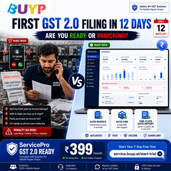 Mobile shop owners 📱
Invoices, HSN, GSTR… sab auto ✅
GST 2.0 ready with ServicePro
Only ₹399/month 💰
👉 service.buyp.ai/start-trial
