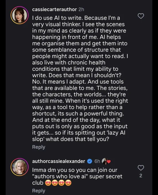 Two people admitting to using AI in books and having a secret group.
