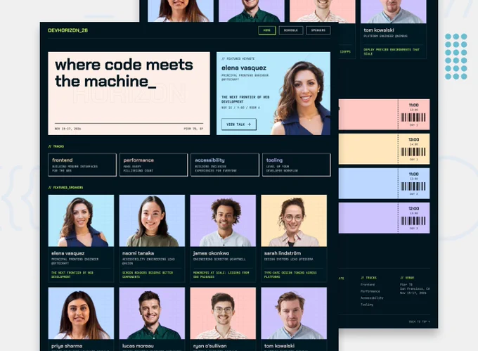 A website layout for a tech conference featuring speaker photos, session schedules, and tracks like frontend and accessibility.