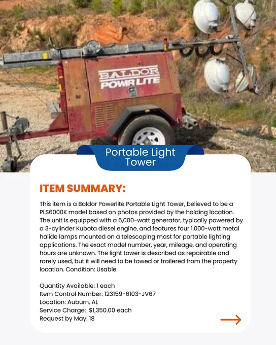 Graphic contains image of a red portable light tower with white flood lights. The graphic also contains written information about the item including the price of $1,350.00 and the items location which is Auburn, AL. 