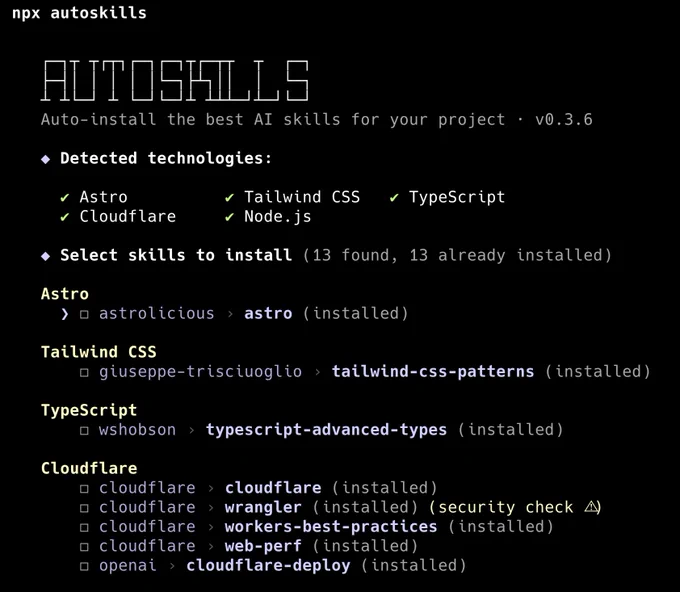 Captura de una terminal ejecutando npx autoskills, mostrando la herramienta AUTOSKILLS v0.3.6 detectando tecnologías del proyecto como Astro, Tailwind CSS, TypeScript, Cloudflare y Node.js, y listando skills de IA ya instaladas. La terminal parece más preparada para automatizar proyectos que yo para cerrar pestañas del navegador.