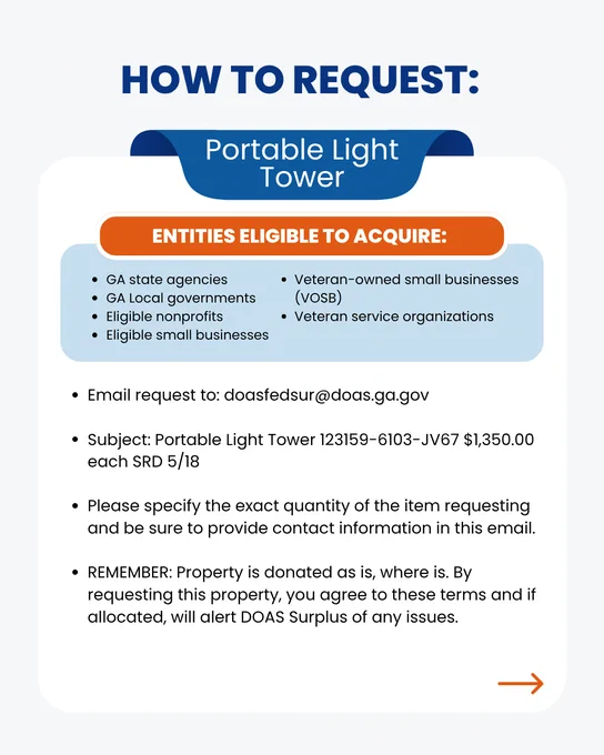 The graphic contains written information about the item and how to request it from DOAS Surplus. To request, interested parties must email doasfedsur@doas.ga.gov with the item name in the subject line. This item must be requested by May 18. 