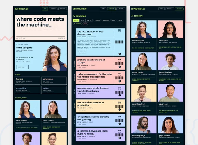 A sleek multi-page design showcases a fictional tech conference, featuring speaker profiles and an organized schedule for sessions.