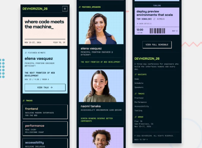A mobile site preview for the DevHorizon 26 tech conference, featuring speakers, tracks, and event details for attendees.