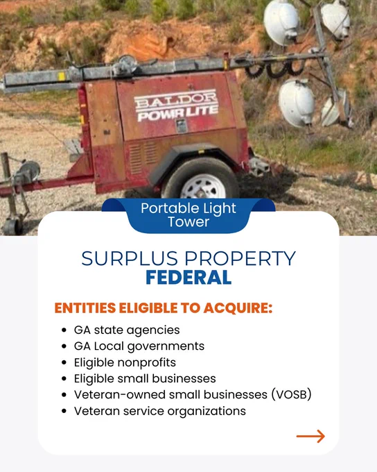 Graphic contains image of a red portable light tower with white flood lights. The graphic also contains a list of the type of entities eligible to acquire the item. 