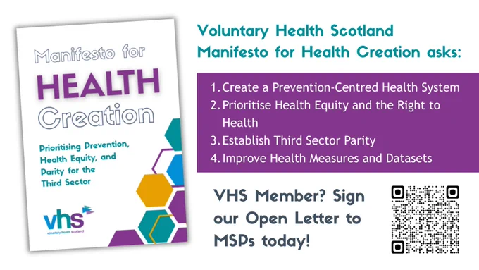 A graphic showing the cover of the VHS manifesto, and a list of the manifesto asks: 
Create a Prevention-Centred Health System 
Prioritise Health Equity and the Right to Health
Establish Third Sector Parity
Improve Health Measures and Datasets
it also features a call to VHS members to sign their open letter, plus a QR code. 