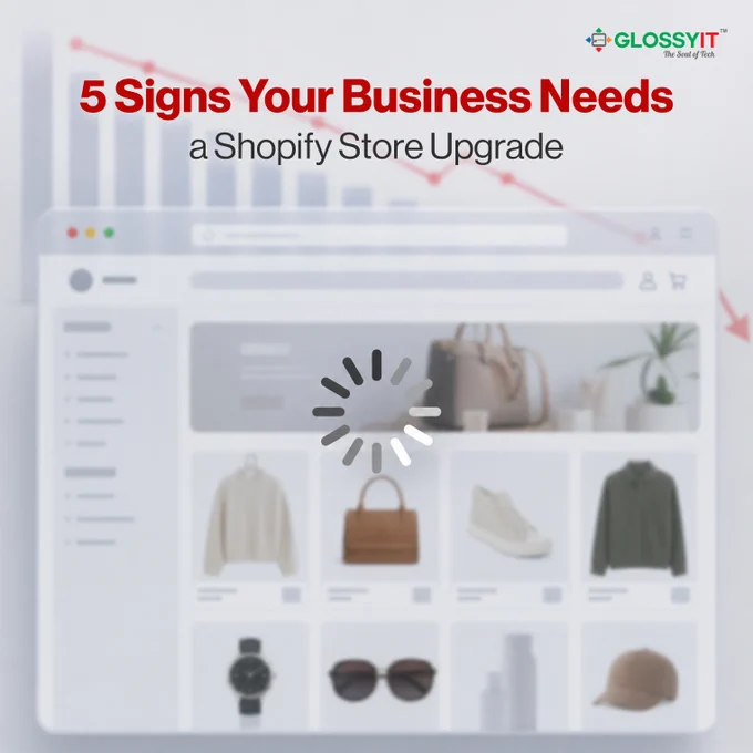 Ecommerce website UI on screen with slow loading icon. Add faded falling sales graph in background. Slight blur effect to show outdated system. Clean modern layout.