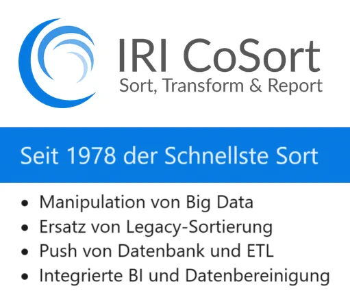 Modernisierung und Migration von COBOL-Daten: Mit IRI CoSort lassen sich COBOL-Daten effizient und sicher in moderne Zielumgebungen überführen. Die Lösung unterstützt die Konvertierung komplexer COBOL-Datentypen und proprietärer Dateiformate und ermöglicht eine nahtlose Migration zwischen Mainframe- und Open-System-Plattformen – inklusive automatischer Anpassung von Zeichensätzen (EBCDIC/ASCII) und Byte-Reihenfolgen (Endian).

Bestehende COBOL-Copybooks werden dabei direkt zur Metadatengewinnung genutzt, wodurch Datenstrukturen konsistent übernommen und Integrität zuverlässig gewahrt bleiben. Auch anspruchsvolle Legacy-Formate wie ISAM-Dateien oder variable Record-Strukturen können performant verarbeitet und in gängige Zielformate wie CSV, XML oder Datenbanken überführt werden.