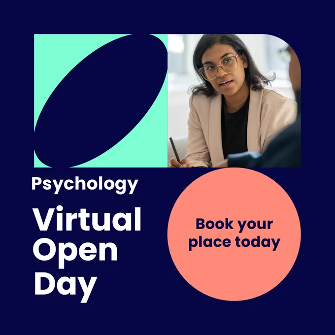 Navy image with white text that reads "Psychology Virtual Open Day. Book your place today."