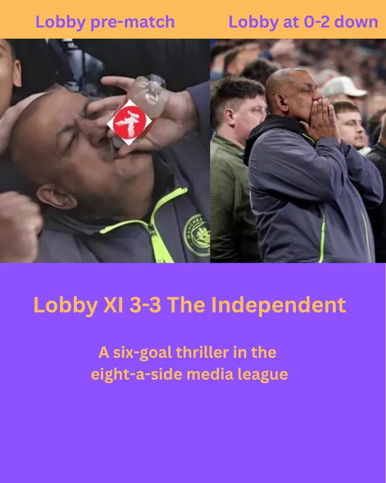 Lobby XI 3-3 The Independent

A six-goal thriller in the eight-a-side media league