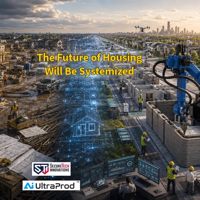 Split-scene construction image transitioning from fragmented traditional building projects to coordinated, AI-assisted construction systems using an AI UltraProd robotic construction arm. Overlay text reads: “The Future of Housing Will Be Systemized,” with SecureTech Innovations and AI UltraProd logos at the lower left. 