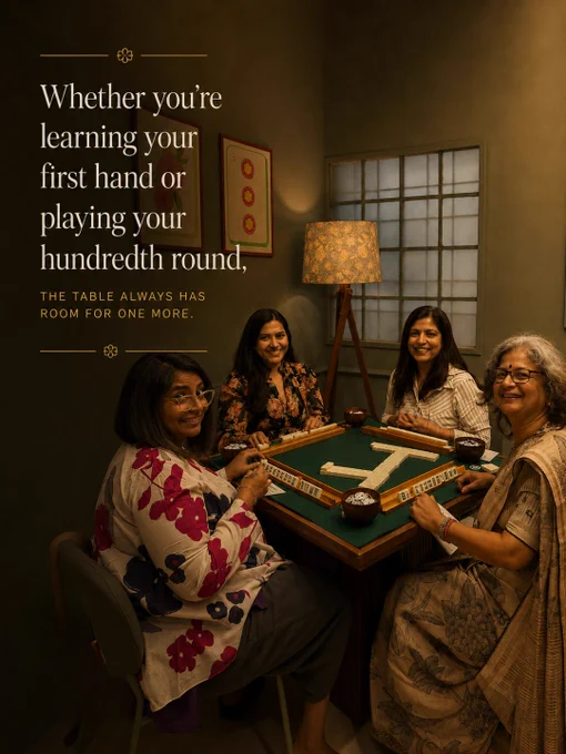 A warm editorial-style promotional image for Mahjong Lounge at The Brunch Project in Koramangala, Bangalore. The first image features four women gathered around a Mahjong table in a softly lit room with muted green walls, framed Mahjong-inspired artwork, and a cozy floor lamp creating an intimate evening atmosphere. Elegant serif typography reads, “Whether you’re learning your first hand or playing your hundredth round, the table always has room for one more.” The second image showcases a close-up of a Mahjong table with decorative gold-edged tiles, warm ambient lighting, and signage describing Mahjong Lounge as a calm, thoughtfully curated space to learn, play, and connect. Text highlights beginner-friendly sessions, open play, and community-focused experiences. The overall visual style feels luxurious, welcoming, calm, and community-driven, emphasizing Mahjong Lounge as a mindful offline social experience in Bangalore.