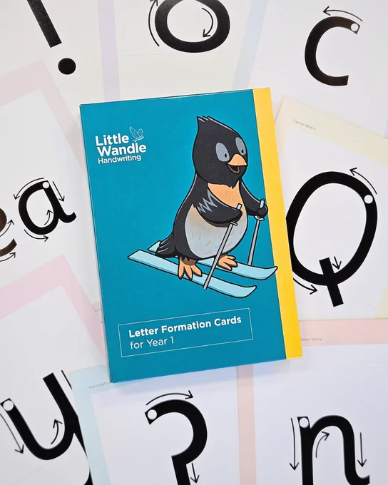 Image of Little Wandle Handwriting letter formation cards on a flat lay of cards featuring letters and punctuation