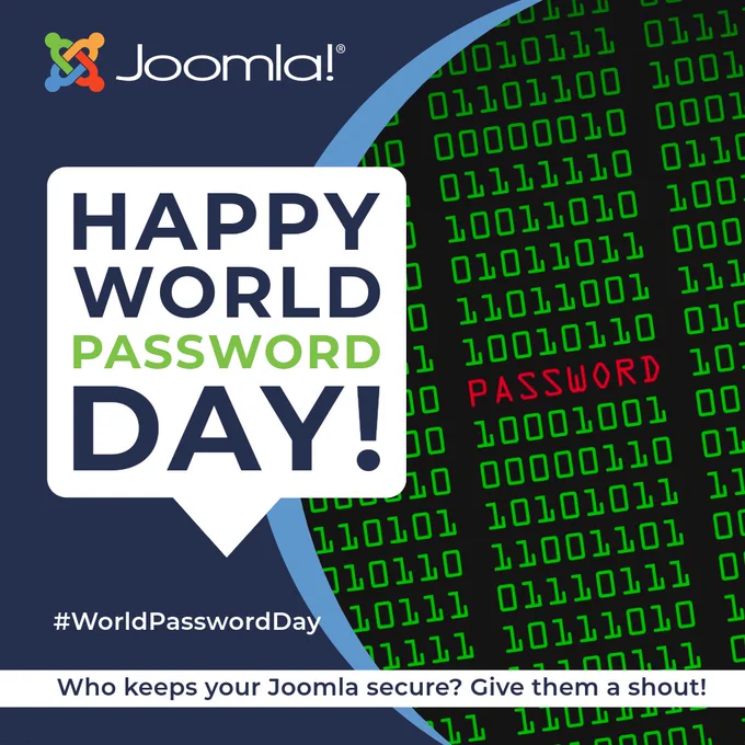 Graphic promoting World Password Day featuring Joomla! branding and a binary code background.