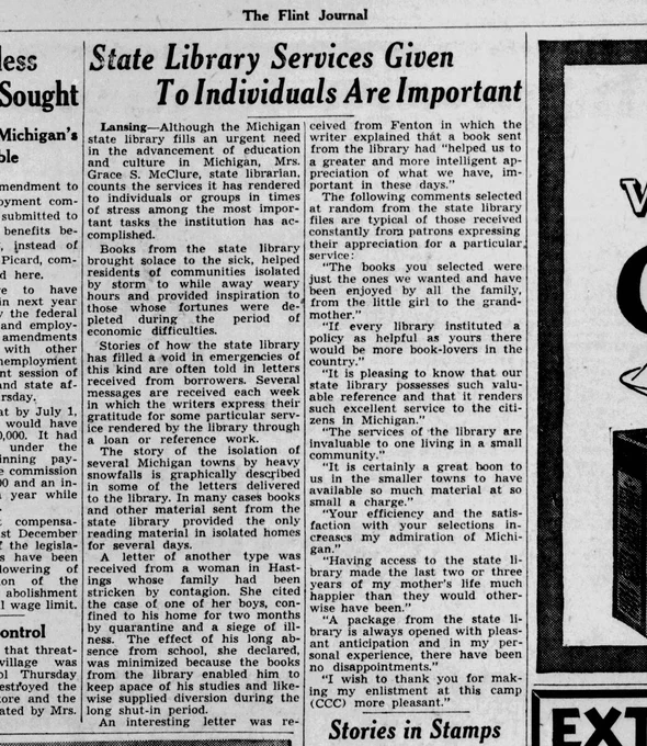 Multi-paragraph article highlighting services the state library brought to communities and individuals across Michigan during the Great Depression.