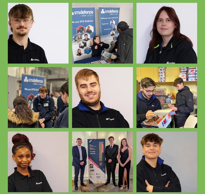 A collage of STS Defence apprentices against a green background. They are involved in career events. volunteering opportunities, an awards ceremony or posing for the camera.