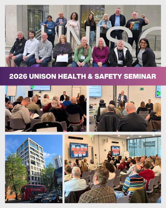 Collage of attendees and workshops at the Health and Safety seminar at UNISON Centre in London - 6 May 2026