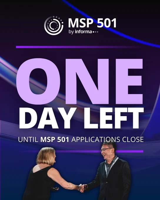 Graphic for the MSP 501 by Informa which shows the text \"ONE DAY LEFT UNTIL MSP 501 APPLICATIONS CLOSE,\" with two individuals shaking hands.