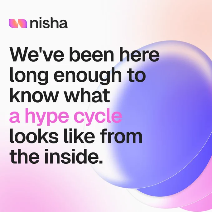 Text in bold black and pink against a gradient background features the brand name "nisha" and discusses understanding hype cycles.