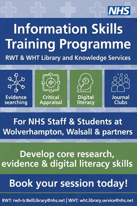 NHS poster promoting the Information Skills Training Programme by RWT & WHT Library and Knowledge Services. The poster features four key training areas with icons: Evidence Searching, Critical Appraisal, Digital Literacy, and Journal Clubs. It is aimed at NHS Staff & Students at Wolverhampton, Walsall & partners, encouraging them to develop core research, evidence and digital literacy skills. Includes the call to action "Book your session today!" and contact emails for RWT and WHT libraries.