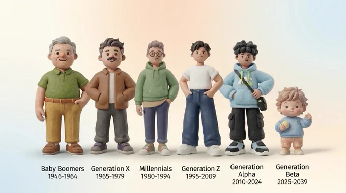 A soft 3D clay-style illustration showing six characters representing different generations from Baby Boomers to Generation Beta, arranged left to right with each generation’s birth-year range labeled underneath.