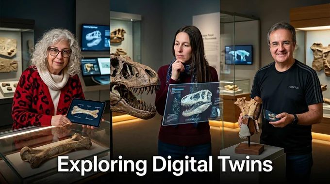 This image, titled "Exploring Digital Twins," shows three people interacting with dinosaur fossils in a museum using different digital technologies.

Left panel: An older woman with curly white hair and glasses, wearing a red leopard-print cardigan, holds a tablet showing a 3D digital model of the large fossilized bone resting in the glass display case in front of her.

Center panel: A woman with long dark hair gazes thoughtfully at a large T-Rex skull. A holographic interface floats between her and the skull, displaying a detailed digital scan and data points of the specimen.

Right panel: A man in a black Adidas shirt smiles while holding a smartphone that displays a digital version of a fossil fragment mounted on a pedestal beside him.

The background shows a modern museum setting with dim lighting, glass display cases, and informational screens.