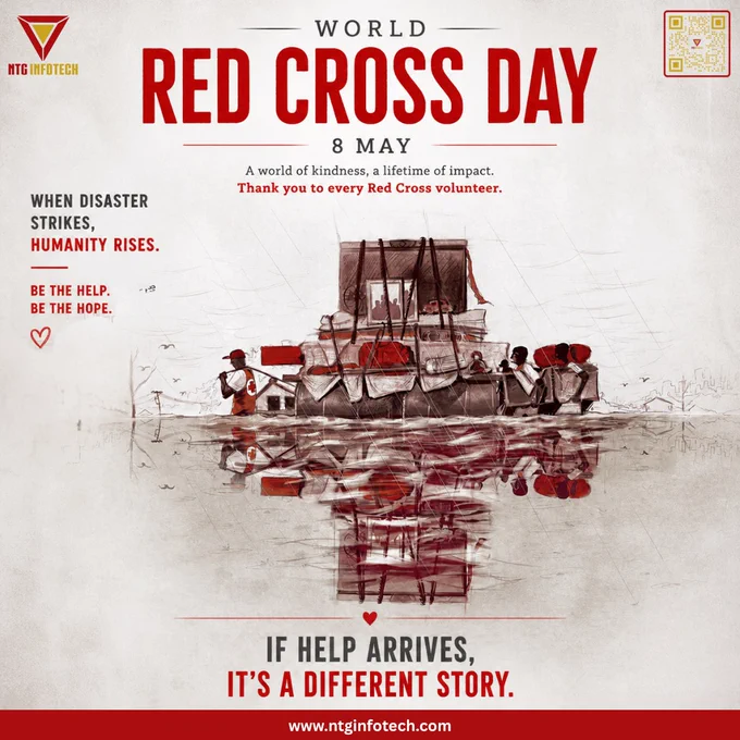 Artistic World Red Cross Day design with rescue boat and emergency volunteers in floodwaters.