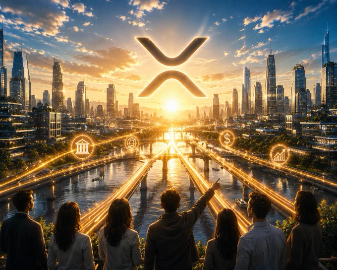 Futuristic sunrise cityscape with glowing financial rails flowing through a modern skyline, a luminous XRP symbol above the horizon, and people watching the system come alive. The scene evokes optimism, institutional adoption, liquidity infrastructure, tokenization, and the feeling of a new financial era beginning around XRPL.