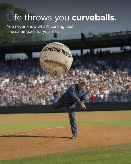Man pitching a baseball crafted from car repair receipts on a baseball field filled with spectators, illustrating life's unpredictable curveballs.