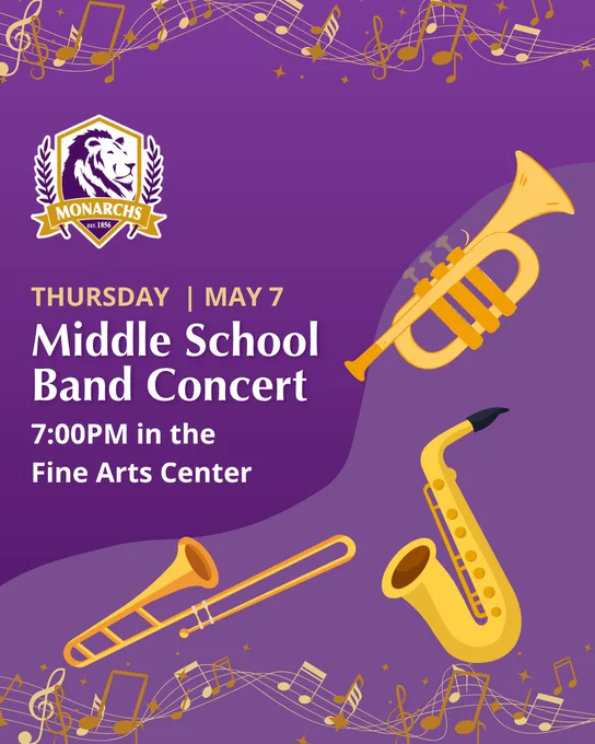 Middle School Band Concert invitation featuring Denison logo, musical notes, and brass instruments on a purple background for May 7 at 7 PM.