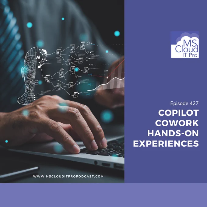 Podcast Episode 427 cover featuring hands typing on a laptop with AI workflow graphics representing Microsoft 365 Copilot Cowork and enterprise collaboration tools.