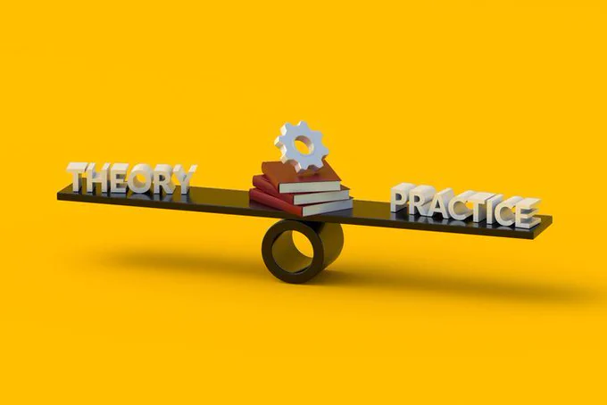 Theory and Practice on a balance with books at the centre against a yellow background