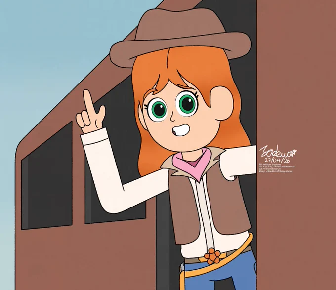 Cowboy Amy Amber standing in the train door with gun pose pointing above.
