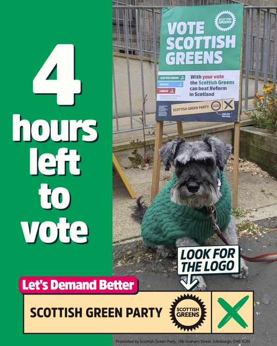 4 hours left to vote. Let's demand better. Vote Scottish Green Party.
